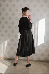 Long-Sleeve Linen Midi Dress With Square Neckline, Waist Tie, And Front Button Detailing