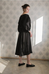 Long-Sleeve Linen Midi Dress With Square Neckline, Waist Tie, And Front Button Detailing