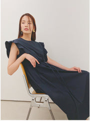 Sleeveless Ruffled Midi Linen Dress with Waist Tie and Flared Skirt for Summer Styling