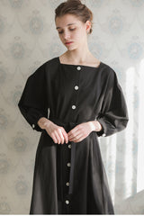 Long-Sleeve Linen Midi Dress With Square Neckline, Waist Tie, And Front Button Detailing