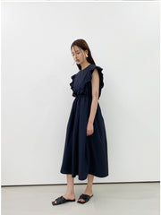 Sleeveless Ruffled Midi Linen Dress with Waist Tie and Flared Skirt for Summer Styling