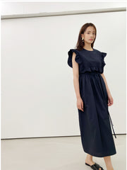 Sleeveless Ruffled Midi Linen Dress with Waist Tie and Flared Skirt for Summer Styling