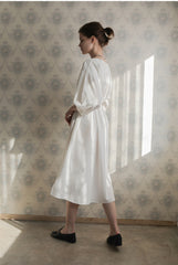 Square Neckline Linen Midi Dress With Button Front, Waist Tie, And Side Slit Detailing