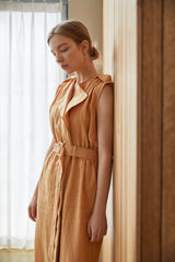 Sleeveless Belted Midi Linen Dress with Notch Lapel and Softly Structured Silhouette