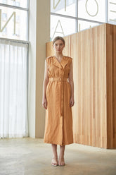 Sleeveless Belted Midi Linen Dress with Notch Lapel and Softly Structured Silhouette
