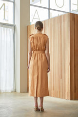 Sleeveless Belted Midi Linen Dress with Notch Lapel and Softly Structured Silhouette
