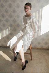 Square Neckline Linen Midi Dress With Button Front, Waist Tie, And Side Slit Detailing