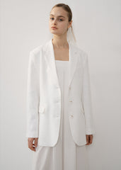Tailored Longline Linen Blazer with Classic Notch Lapel and Button Cuffs for Women