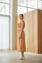 Sleeveless Belted Midi Linen Dress with Notch Lapel and Softly Structured Silhouette
