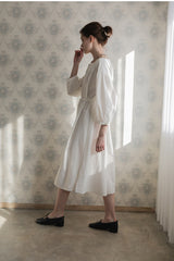 Square Neckline Linen Midi Dress With Button Front, Waist Tie, And Side Slit Detailing