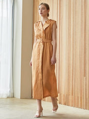 Sleeveless Belted Midi Linen Dress with Notch Lapel and Softly Structured Silhouette