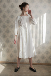 Square Neckline Linen Midi Dress With Button Front, Waist Tie, And Side Slit Detailing