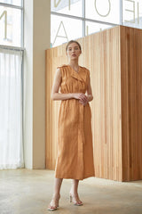 Sleeveless Belted Midi Linen Dress with Notch Lapel and Softly Structured Silhouette