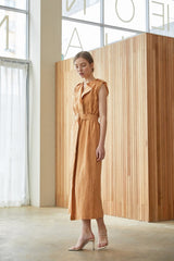 Sleeveless Belted Midi Linen Dress with Notch Lapel and Softly Structured Silhouette