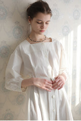 Square Neckline Linen Midi Dress With Button Front, Waist Tie, And Side Slit Detailing