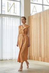Sleeveless Belted Midi Linen Dress with Notch Lapel and Softly Structured Silhouette
