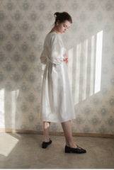 Square Neckline Linen Midi Dress With Button Front, Waist Tie, And Side Slit Detailing