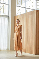Sleeveless Belted Midi Linen Dress with Notch Lapel and Softly Structured Silhouette