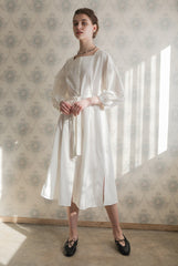 Square Neckline Linen Midi Dress With Button Front, Waist Tie, And Side Slit Detailing