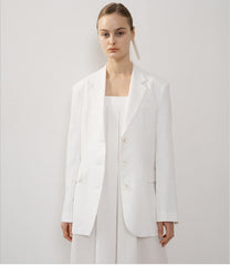 Tailored Longline Linen Blazer with Classic Notch Lapel and Button Cuffs for Women