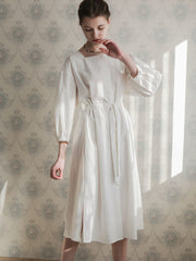 Square Neckline Linen Midi Dress With Button Front, Waist Tie, And Side Slit Detailing