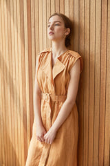 Sleeveless Belted Midi Linen Dress with Notch Lapel and Softly Structured Silhouette