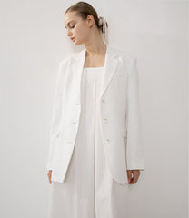 Tailored Longline Linen Blazer with Classic Notch Lapel and Button Cuffs for Women