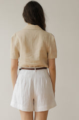 Elegant Linen Button-Up Blouse with Ruffle Collar and Short Sleeves for Effortless Style