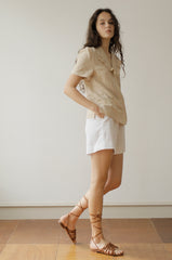 Elegant Linen Button-Up Blouse with Ruffle Collar and Short Sleeves for Effortless Style