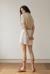Elegant Linen Button-Up Blouse with Ruffle Collar and Short Sleeves for Effortless Style