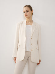 Tailored Women's Longline Linen Blazer with Button Closure and Structured Lapel Design