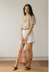Elegant Linen Button-Up Blouse with Ruffle Collar and Short Sleeves for Effortless Style