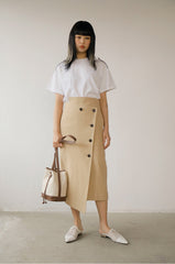 High-Waisted Button-Front Midi Skirt in Lightweight Linen with Asymmetrical Front Slit