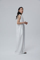 Sleeveless Wide-Leg Linen Jumpsuit with Deep V-Neck and Folded Hems