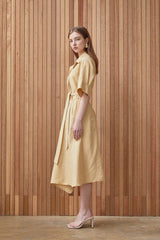 Belted Midi-Length A-Line Linen Dress With Soft Tailored Collar And Short Wide Sleeves