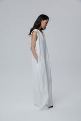 Sleeveless Wide-Leg Linen Jumpsuit with Deep V-Neck and Folded Hems