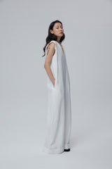 Sleeveless Wide-Leg Linen Jumpsuit with Deep V-Neck and Folded Hems