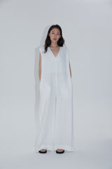 Sleeveless Wide-Leg Linen Jumpsuit with Deep V-Neck and Folded Hems