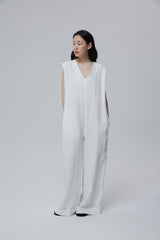 Sleeveless Wide-Leg Linen Jumpsuit with Deep V-Neck and Folded Hems