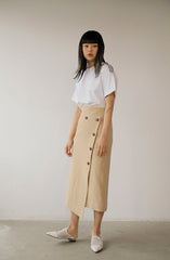 High-Waisted Button-Front Midi Skirt in Lightweight Linen with Asymmetrical Front Slit