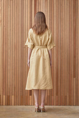 Belted Midi-Length A-Line Linen Dress With Soft Tailored Collar And Short Wide Sleeves