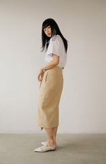High-Waisted Button-Front Midi Skirt in Lightweight Linen with Asymmetrical Front Slit
