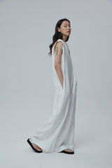 Sleeveless Wide-Leg Linen Jumpsuit with Deep V-Neck and Folded Hems
