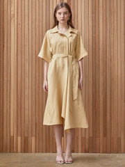 Belted Midi-Length A-Line Linen Dress With Soft Tailored Collar And Short Wide Sleeves