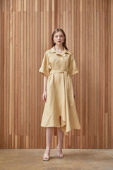 Belted Midi-Length A-Line Linen Dress With Soft Tailored Collar And Short Wide Sleeves