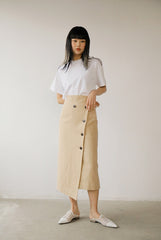 High-Waisted Button-Front Midi Skirt in Lightweight Linen with Asymmetrical Front Slit