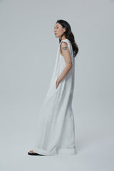 Sleeveless Wide-Leg Linen Jumpsuit with Deep V-Neck and Folded Hems