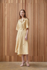 Belted Midi-Length A-Line Linen Dress With Soft Tailored Collar And Short Wide Sleeves