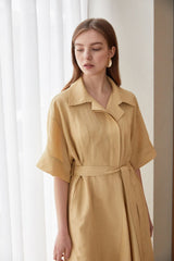Belted Midi-Length A-Line Linen Dress With Soft Tailored Collar And Short Wide Sleeves