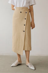 High-Waisted Button-Front Midi Skirt in Lightweight Linen with Asymmetrical Front Slit